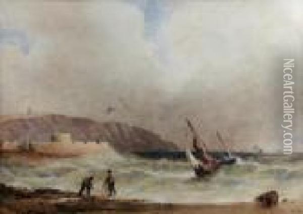 Fishermen Hauling In Nets Oil Painting - Anthony Vandyke Copley Fielding