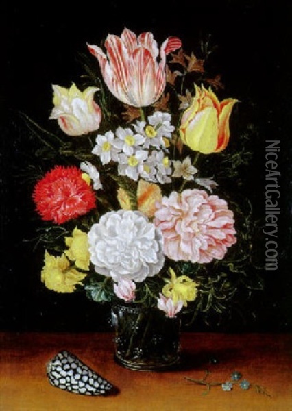 Vase De Roses, Narcisses, Tulipes Sur Un Entablement Oil Painting - Jan Baptist Fornenburgh