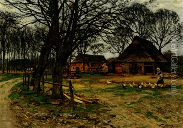 Reetgedecktes Anwesen Mit Huhnerhof Und Bauerin In Herbstlicher Landschaft Oil Painting - Wilhelm Fritzel