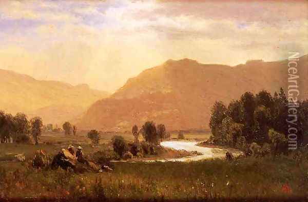 Figures In A Hudson River Landscape Oil Painting - Albert Bierstadt