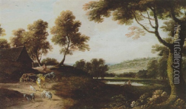 Figures And Farm Animals In A River Landscape Oil Painting - Lucas Achtschellinck