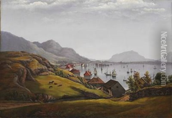 Norwegian Fjord With Traffic At Sea, Presumably Off Frederikshald (halden) Oil Painting - Ferdinand Gjos