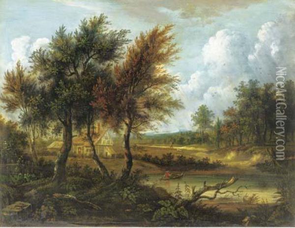 Figure In A Rowing Boat Before A Cottage In A Wooded Landscape Oil Painting - Patrick, Peter Nasmyth