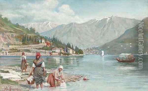 Washerwomen at the edge of an Italian lake Oil Painting - Ettore Ximenes