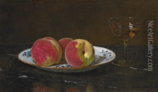 Still Life With Peaches And Glass Oil Painting - Otto Franz Scholderer