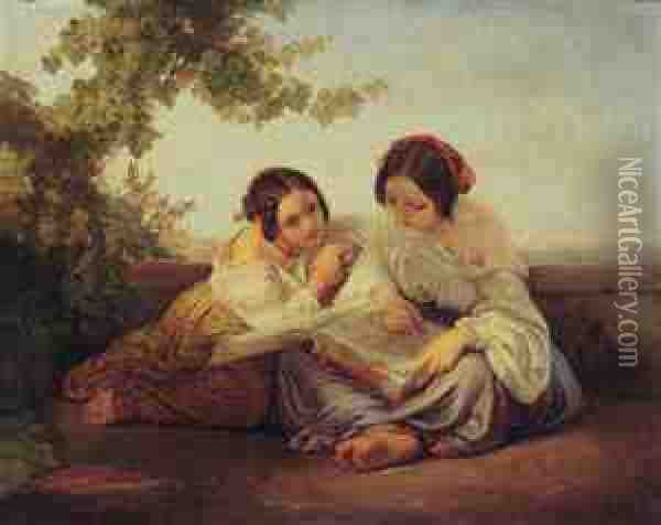 Two Girls Reading Oil Painting - Ludwig Hermann Alfred Von Schussler