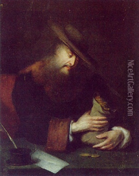 Ein Bartiger Mann Mit Einem Sack Voll Goldstucken, Allegorie Des Geizes Oil Painting -  Rembrandt van Rijn