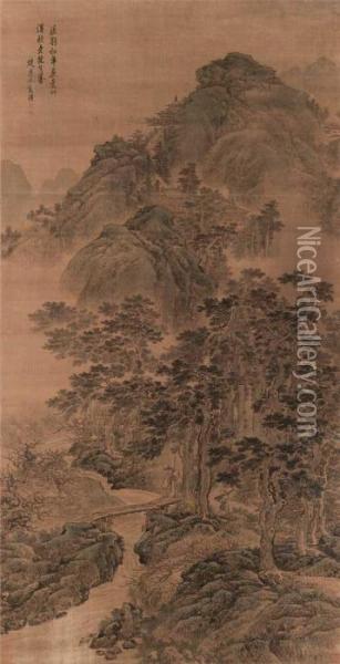 Landscape In The Style Of Liu Songnian Oil Painting - Lan Ying