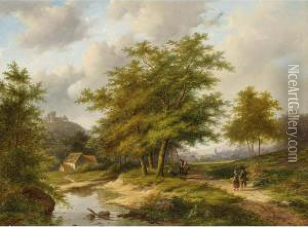 Travellers In A Wooded Summer Landscape, A Village In The Distance Oil Painting - Jan Evert Morel