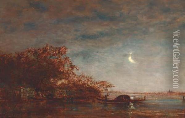 Gondolas On The Venetian Lagoon Under Moonlight Oil Painting - Felix Ziem
