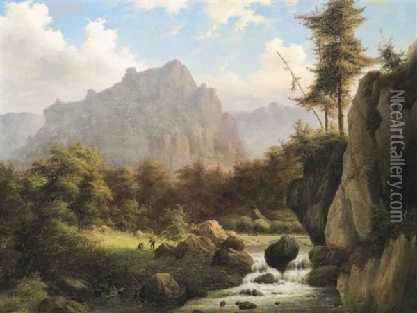 A Wooded River Landscape With Mountains Beyond Oil Painting - Willem Simon Petrus van der Vijver