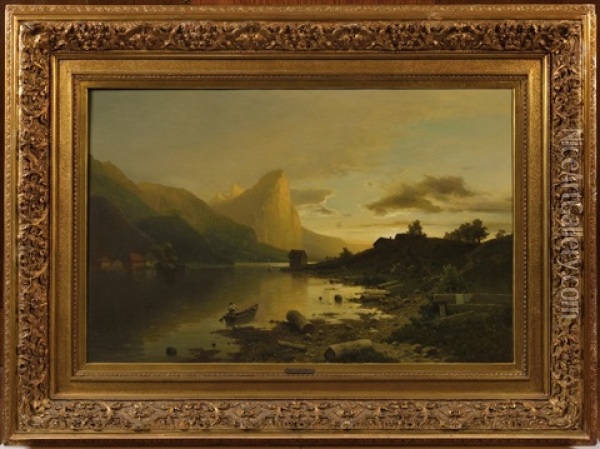 Evening On The Mondsee Lake With The Dragon Rock Oil Painting - Adolf Chwala