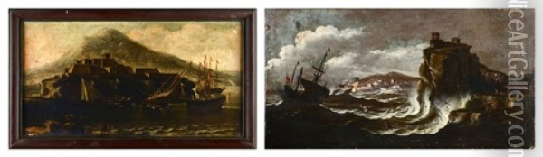 Navire Au Cardage Dans Un Port Mediterraneen Et Marine Par Gros Temps (pair) Oil Painting - Luciano Borzone
