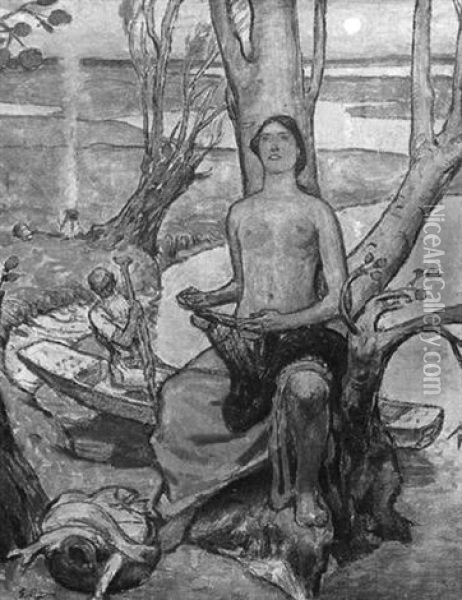 Junge Fischerin Vor Einem Baum In Rotlich Gefarbtem Abendlicht Oil Painting - Erich Erler-Samedan