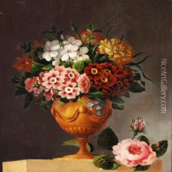 Carnations And Primrose In A Vase Oil Painting - Christian Strodtmann