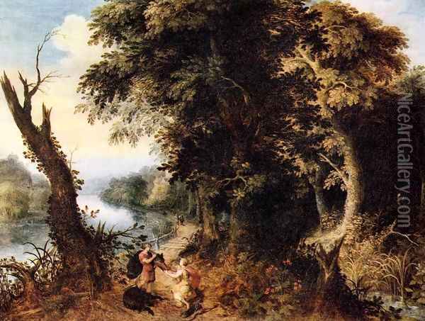 Landscape with Diana Receiving the Head of a Boar Oil Painting - Abraham Govaerts