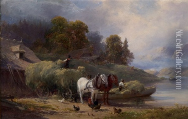 Bauern Beim Verladen Von Heu (+ Bauer Mit Pferden Vor Seeufer; Diptych) Oil Painting - Edward Theodore Compton