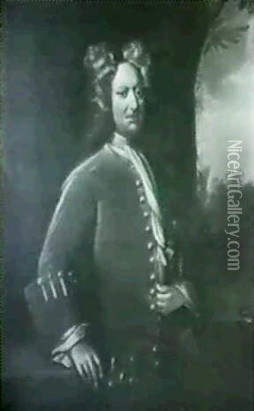 Portrait Of Joseph Crouchley (1671-1741), Standing Half     Length, Wearing A Brown Coat, A Landscape Beyond Oil Painting - Charles Jervas