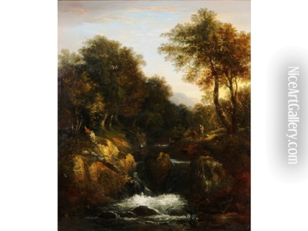The River Okement, Devon, Fishermen On The Bank Of A Rocky River Gorge, Mountains Beyond Oil Painting - William Traies