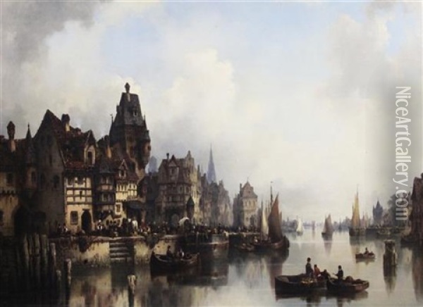 Continental River Town With Figures, Rowing Boats And Barges Oil Painting - Ludwig Hermann