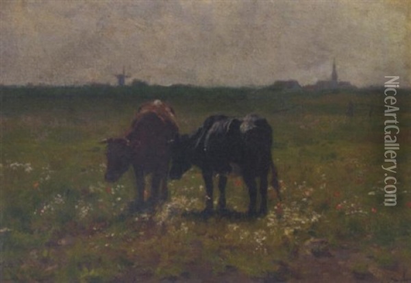 Cows In Pasture, A Windmill Beyond Oil Painting - Emile Van Damme-Sylva