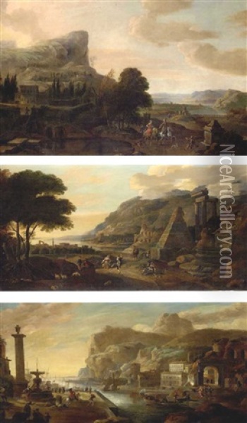 An Extensive Landscape With An Elegant Couple Riding In The Grounds Of A Country Villa (+ A Coastal Landscape With Peasants Dancing Near Ruins; + A Harbour Scene With Numerous Figures; 3 Works) Oil Painting - Hendrick Danckerts