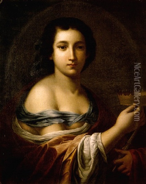 A Young Woman Holding A Crown (the Muse Melpomene?) Oil Painting - Giovanni Martinelli