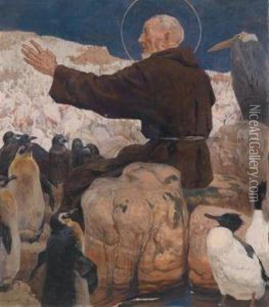 Der Hl. Franziskus Predigt Den Pinguinen Und Wasservogeln Oil Painting - Fritz Zerritsch