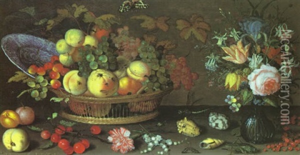 Still Life Of Fruit And Wan-li Dish In A Basket, Vase Of Flowers, With Shells, Insects, Arranged Upon A Ledge Oil Painting - Balthasar Van Der Ast