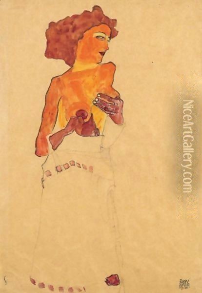 Madchen Als Halbakt, Sich Die Bruste Haltend, Nach Rechts Gewandt (Semi-Nude Girl Holding Her Breast, Facing Right) Oil Painting - Egon Schiele