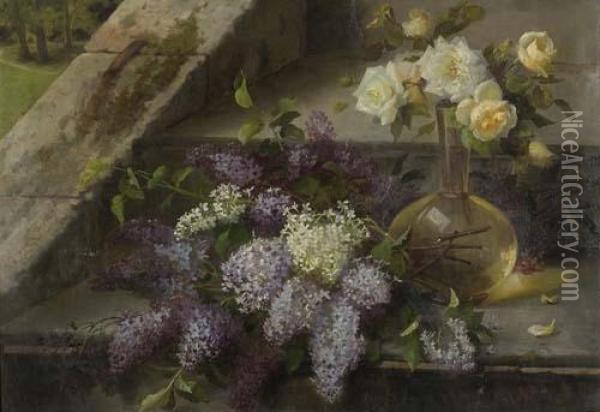 Blumenstilleben Auf Einer Treppe. Oil Painting - Marie Nyl-Frosch