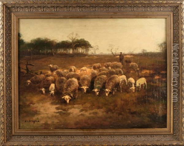 Schafer Mit Schafherde In Landschaft Oil Painting - Fedor Van Kregten