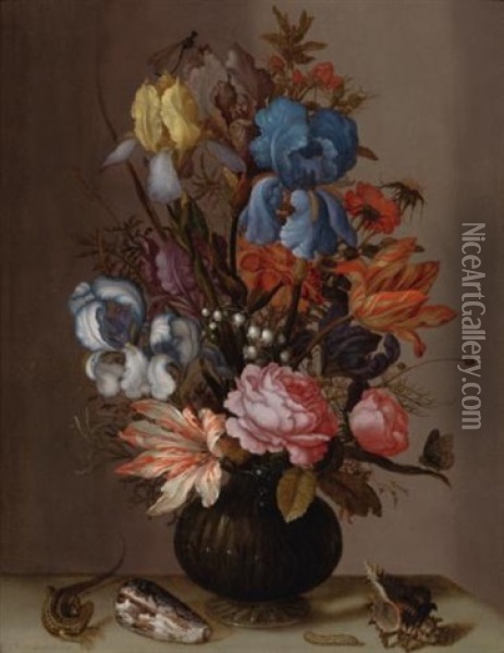 A Still Life Of Tulips, Roses, Irises, Lily-of-the-valley, African Marigolds And Other Flowers In A Gold-mounted Vase, With A Lizard, A Caterpillar And Sea Shells Oil Painting - Balthasar Van Der Ast