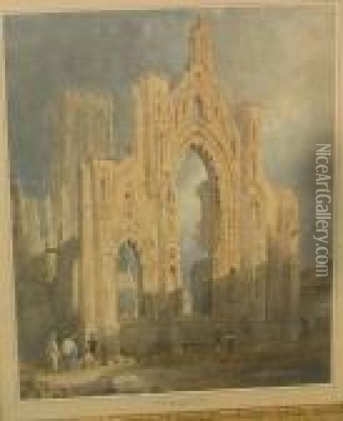 Abbey Ruins With Figures Before Oil Painting - Richard Bankes Harraden