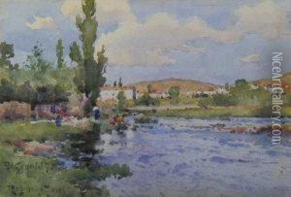 Figures By A River With A Village And Hills Inthe Distance Oil Painting - Reginald T. Jones