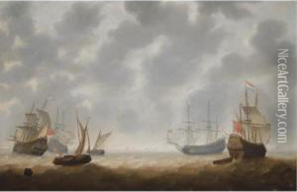 Four Galley Frigates And Two Smallships In Choppy Seas, Shipping Atthe Horizon Oil Painting - Jacob Adriaensz. Bellevois
