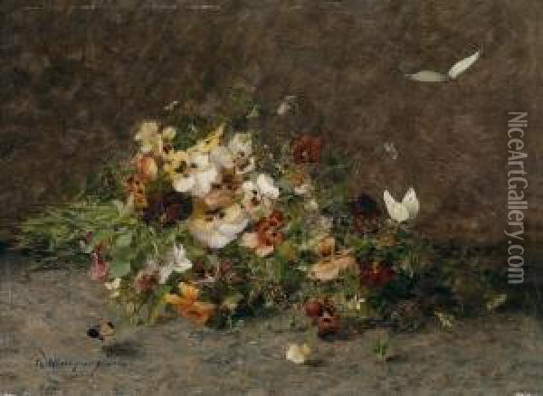 Pansies And Butterflies Oil Painting - Olga Wisinger-Florian
