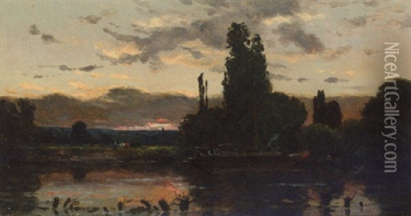 A River Landscape At Sunset Oil Painting - Hippolyte Camille Delpy