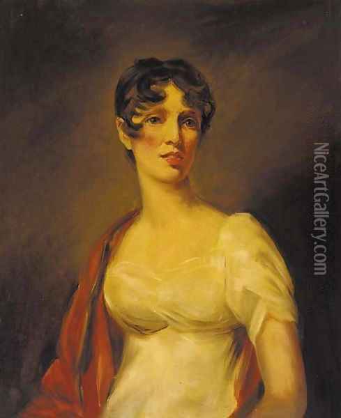 Portrait of a lady, half-length, in a white dress and red shawl Oil Painting - Sir Thomas Lawrence