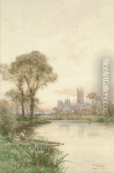 An Angler Fishing On The Stour Before Canterbury Cathedral Oil Painting - Walker Stuart Lloyd