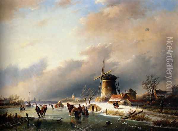 Figures Skating on a Frozen River Oil Painting - Jan Jacob Coenraad Spohler