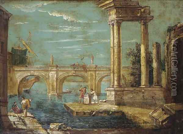 A capriccio of classical ruins and a bridge by a harbour Oil Painting - Michele Marieschi