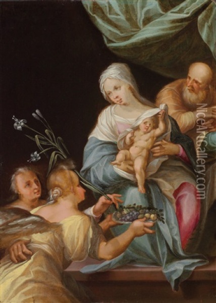 The Holy Family With Saint Dorothy (?) And An Angel Oil Painting - Abraham Bloemaert