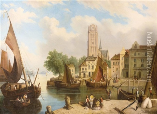 Belebte Gracht Wohl In Amsterdam Mit Schiffen Und Reicher Figurenstaffage Oil Painting - Reinhold Grohmann