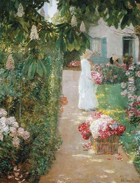 Gathering Flowers in a French Garden Oil Painting - Childe Hassam