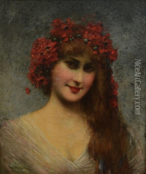Portrait Of A Young Lady With Floral Headdress Oil Painting - Francois Martin-Kavel