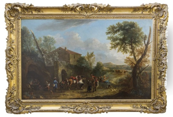 Travellers At A Blacksmith Oil Painting - Giovanni Battista Cimaroli