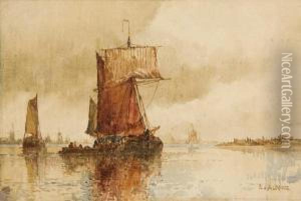 Calm Harbour Scene With Masted Ships Oil Painting - Frederick James Aldridge