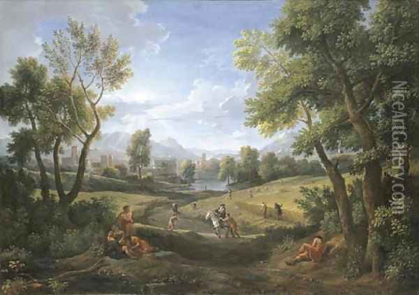 An extensive river landscape with peasants during the harvest, a lakeside town beyond 2 Oil Painting - Jan Frans Van Bloemen (Orizzonte)