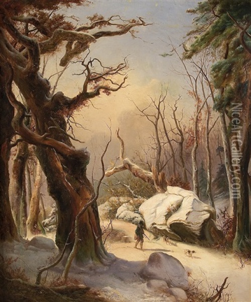 Hunters In The Wintry Woods Oil Painting - Karl Friedrich Lessing